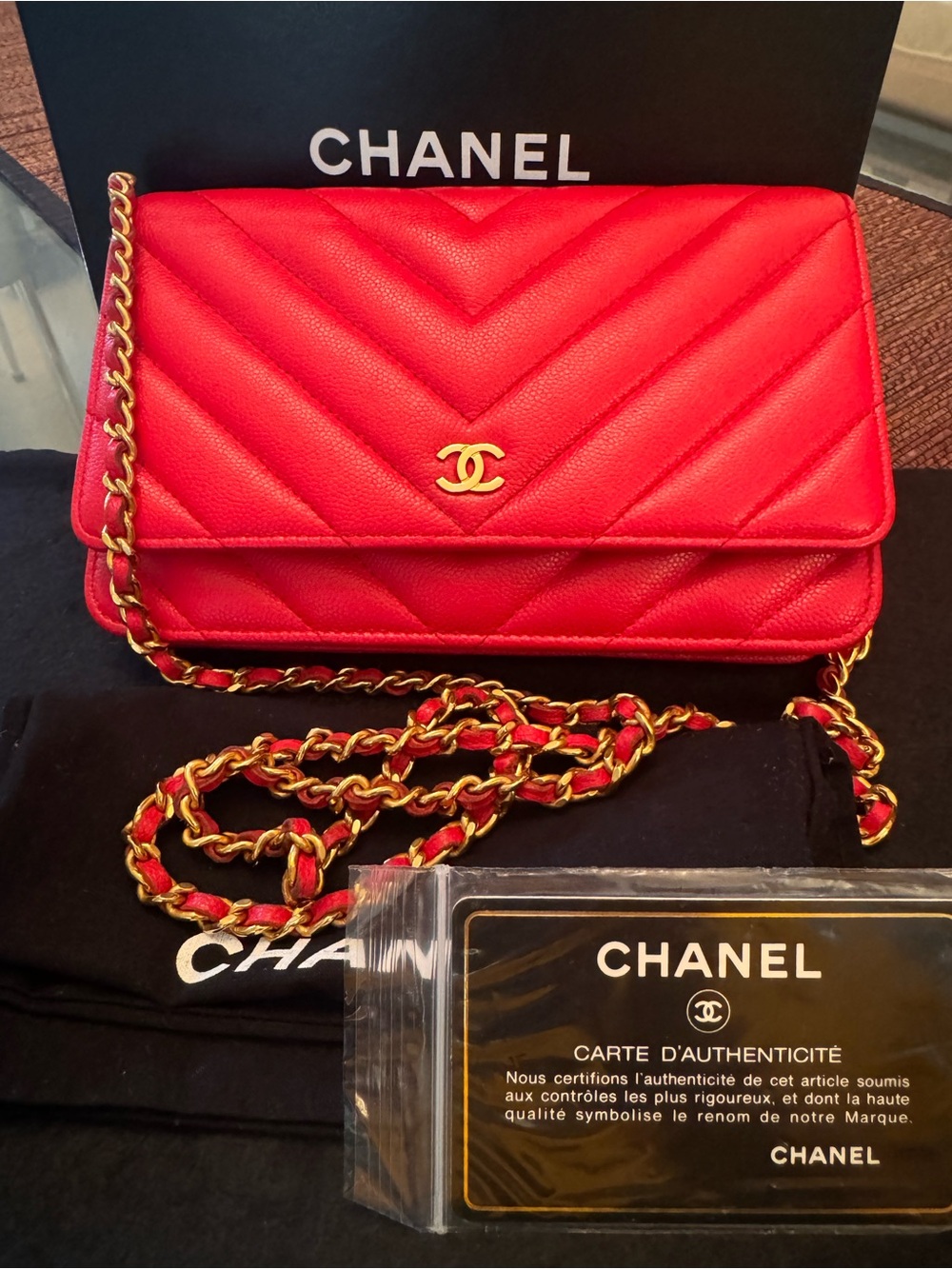 CHANEL Red Chevron Quilted Caviar Wallet-On-Chain with Gold Hardware